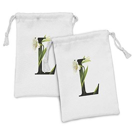Ambesonne Letter L Fabric Pouch Set of 2, Conceptual ABC Typography Capital L with Lily Flourish Floral Natural Grace, Small Drawstring Bag for Toiletries Masks and Favors, 9" x 6", Green White Black