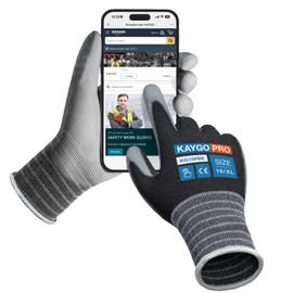 KAYGO Thin Work Gloves PU Coated 6 Pairs Touchscreen, KG15P, Nylon Liner with Flexible PU Coating Lightweight Safety Work Gloves for Precision Handling Work, DIY, Assembly, Warehouse (Black, XL)