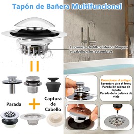 Tapón de Desagüe de Bañera, Tapón de Desagüe de Bañera y Tapa para Orificio de Desagüe de 1,45-1,8 Pulgadas, Sustituye a la Palanca de Elevación y Giro, Palanca de Punta o Palanca de Disparo, Plata