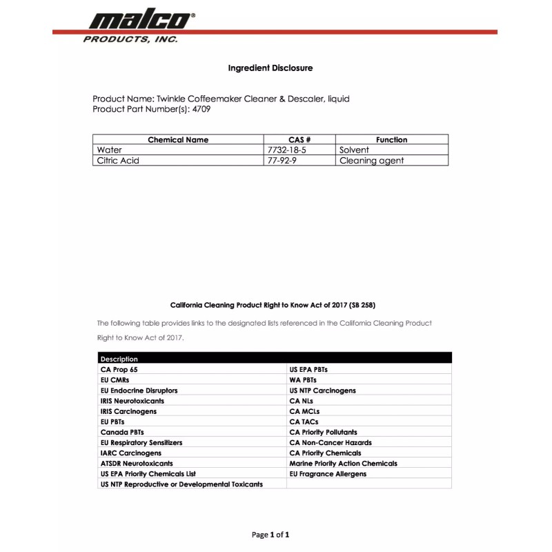 Twinkle 1 Liquid COFFEEMAKER CLEANER descaling fluid coffee maker clean