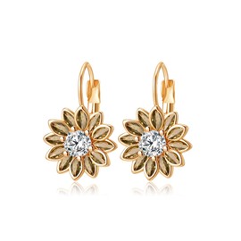 Austrian Crystal Flower Drop Leverback Earrings for Women Fashion 14K Gold Plated Hypoallergenic Jewelry (Yellow Main Crystal)