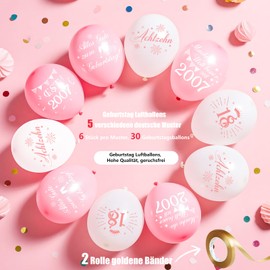 WenmthG Pack of 30 Balloons 18th Birthday Decoration – 18th Birthday Girl – 5 Different German Text Motifs, 6 Pieces Each – Diameter 27 cm – Pink White