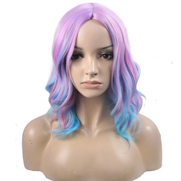 Short Curly Bob Wig Charming Women Girls Beach Wave Wigs for Cosplay Costume Party Wig Cap Included (Pink/Sky Blue)