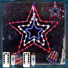 4th of July Patriotic Red White and Blue Decorations Lights, 3 Layers of 14 inch Star Lights with Rotatable Function, Metal Frame Memorial Lights with Remote, 8 Modes & Timer for Home Décor(2PACK)