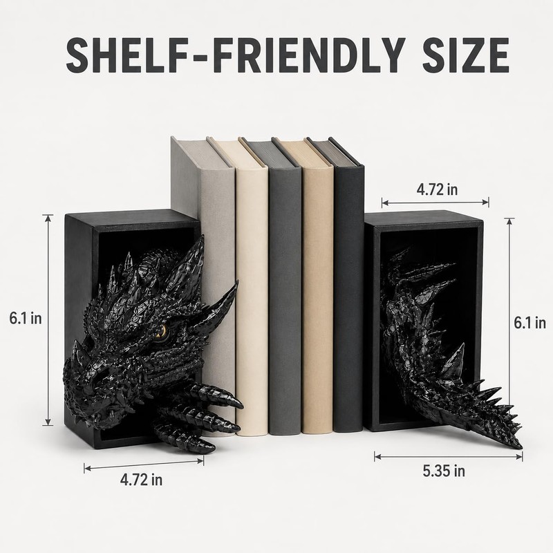 Dragon Bookshelf Decor, Gothic Fantasy Bookends for Home Office, Resin