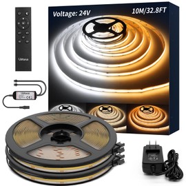 Ustarus COB LED Light Strip White Dimmable 32.8FT 24V 2700K-6500K, COB Strip Lights Tape with RF Remote 6400 LEDs CRI93+ for Kitchen Under Cabinet Bedroom Mirror Indoor Home Daylight Warm White