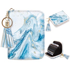 Coco Rossi Leather Credit Card Wallet for Women, RFID Blocking Zipper Cards Holder with Tassel, Blue Marble