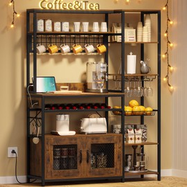 UPOSOJA Bakers Rack with Power Outlet, 47.2in Microwave Stand with Storage Shelves, Coffee Bar with Cabinet, Kitchen Pantry Hutch, Side Hooks, Wine Rack, Goblet Holder, Wire Basket(Rustic Brown)