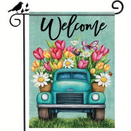 BlissYard 12×18 Inch Double Sided Garden Flag Spring Blue Truck Garden Flag Welcome Garden Flag Seasonal Outdoor Decorative Yard Flag Outdoor Flag Farmhouse Spring Decor