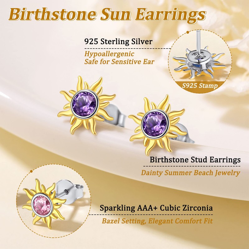 Suplight 925 Sterling Silver Sun Earings, Hypoallergenic Purple Earrings Studs,