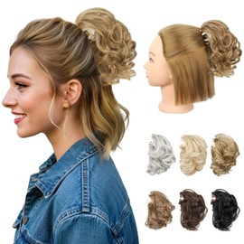 REECHO Ponytail Extension, 7" Half Up Short Mini Claw Clip in Ponytail Hair Extensions Curly Wavy Messy Hair Bun Hair Pieces for Women with Short Thin Hair - Light Brown with Highlights
