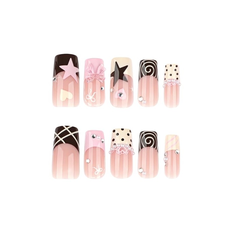 Uñas postizas cuadradas Octoswave, diseño francés, con diseños dulces, para
