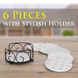 Coasters for Drinks Absorbent with Holder | 6 Pcs Grey Mix Pattern Ceramic Coaster Set | Hostess House warming Decor for Man Cave, Housewarming Hostess Gift, Home Present, Birthday Holiday Party Gifts