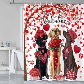 Valentines Day Dog Shower Curtain, Funny Animals Valentine's Shower Curtain Set, Hot Red Falling Hearts Tree Bathroom Décor with Hooks for Women Girls