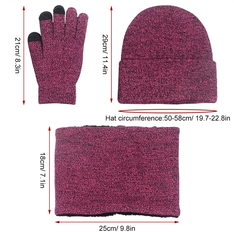 3Pcs Winter Knitted Hat Scarf Gloves Set Fleece Lined Warm