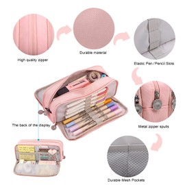 Large Pencil Case 3 Compartments, Big Capacity Pencil Pouch with Zipper, Stationery Pen Bag Organizer for Girls Women Kids Adults Students Teachers School Office - Pink