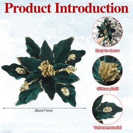 Solsew 6 Pcs Green Glitter Christmas Poinsettia Flower with Ribbon, 11 Inches Large Artificial Poinsettia Flower Green Velvet Christmas Tree Ornaments Wreath Garland Decoration with Stems