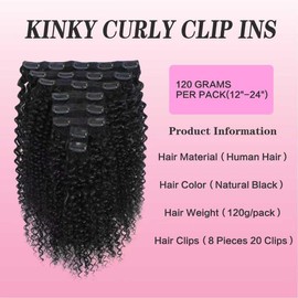 Geogroket Kinky Curly Clip in Hair Extensions for Women 3C 4A Kinky Curly Clip ins 8pcs 120g/set 10A Brazilian Virgin Hair Extensions 24 Inch Natural Black