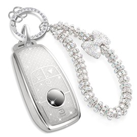 CTRINEWS for Mercedes Key Fob Cover with Fashionable Zirconia Wristlet KeyChain,Enchanting Diamond Patterns Soft Case for A C E G S Class CLA/K/S E43 GLA/B/C/E/K/S GT SLC/K/S (White, B)