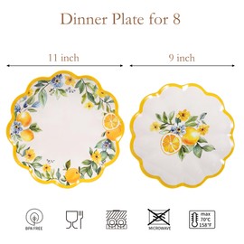 molidiki Unbreakable Melamine Plates Set of 8, 4 Large 11" & 4 Small 9" Plates, Lightweight RV/Dinner Plates, Lemon Design, Dishwasher Safe