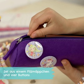 Pencil Case with 4 Buttons for Boys and Girls, Felt Pencil Case in Blue, Ideal as a Gift for School Enrolment, School Pencil Case Set, Princess & Unicorn