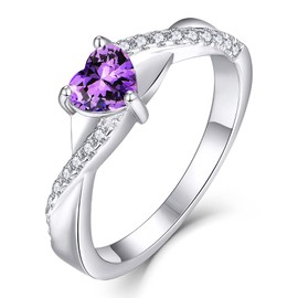 YL Engagement Ring Heart 925 Sterling Silver 12 Birthstone Cubic Zirconia Cross Infinity Solitaire Wedding Ring for Brides, Women, Amethyst