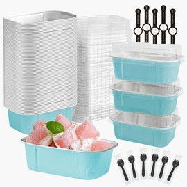 OBXMLFY - Mini sartenes para pan con tapas y cucharas, paquete de 50, mini latas rectangulares de 6.5 onzas para tartas individuales desechables de papel de aluminio pequeño (50, Wathet)