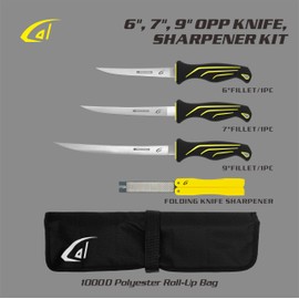 danco 3PC Fillet Knife Kit, 6",7",9" with Roll Bag & Folding Sharpener, Fish Fillet and Deboning Knives, Freshwater/Saltwater Fishing, Non-Slip Handle, Durable Roll Bag, Stainless Steel Blades