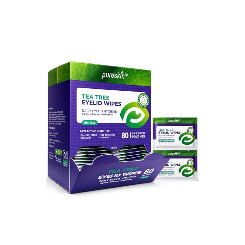 Pureskin Eyelid Wipes with Tea Tree Oil - No-Rinse Eye