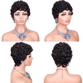 SeFiSha Short Layered Pixie Cut Wig Human Hair Wear and Go Glueless Curly Human Hair Wigs With Bangs for Women Full Machine Made None Lace Front Wigs Human Hair Natural Black Color