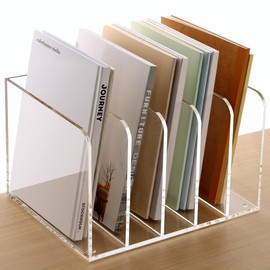 SANRUI Acrylic File Organizer, Clear Magazine File Holder Desk Organizer for Office Organization and Storage with 5 Vertical Compartments, Desktop Bookshelf for Home Office Organization