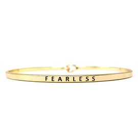 by you Inspirational Fearless Message Engraved Thin Cuff Bangle Hook Bracelet (Fearless-Gold, Brass)