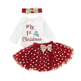 Baby Girl 1st Christmas Outfits Letter Print Romper+Polka Dot Tutu Dress+Headband 3PCS Clothes Set(1st Christmas #4, 0-3 Months)