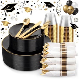 KIRE 175Pcs Black Plates Disposable - Heavy Duty Black and Gold Plastic Plates- 25 for Dinner 25 for Dessert 25 Pre Rolled Gold Silverware and 25 Cups for Graduation/Party/Wedding/Father's Day