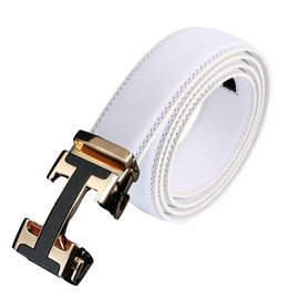 FleurUneffe Men's Belt, Can Be Cut, Adjustable Size, No Holes, Auto-Lock Belt, Genuine Leather, Stylish, Casual, Gentleman, Business, Golf, White, Red, Navy, Navy, gold I white