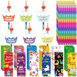 Fulmoon 90 Pcs Happy Birthday Gifts Sets for Kids Includes Color Changing Wood Pencils with Top Erasers Cupcakes Greeting Cards Birthday Bookmarks for School Classroom Students Birthday Party