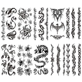 Yesallwas Tribal Tattoo Stickers, Set of 10, Scorpion, Scorpion, Dragon, Spider, Spider, Tattoo, Body Seal, Unisex, Waterproof, Easy to Stick on Arms and Feets, 3.5 x 7.5 inches (9 x 19 cm)