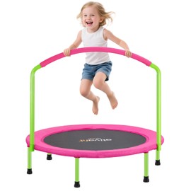 Ativafit 36inch Elastic Band Big Handle Toddler Trampoline for Kids Ages 2-6 Indoor Outdoor Mini Trampoline with Safety Padded Cover Fun for Kids (Pink and Green)