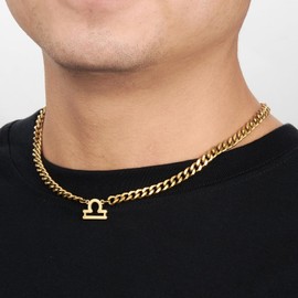 GHIUYUI Zodiac Sign Pendant Necklaces for Women Men Stainless Steel Libra Constellation Horoscope Astrology Jewelry, 6.5mm Diamond Cut Cuban Link Curb Chain 18+2 inches (Libra 9.23~10.22, Gold)