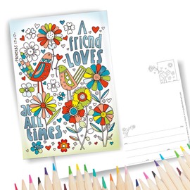 Christian Colouring Postcards, Proverbs, Pack of 10 different designs, with coloured Bible verse on reverse. Makes a great Christian gift for adults or children, by Just Cards Direct.