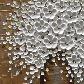 Epicler Hand Painted 3D Oil Painting on Canvas 24x24 inch White Flower Art,Morden Canvas Wall Paintings, Metal Textured Gold and Silver Background White Flower Artwork