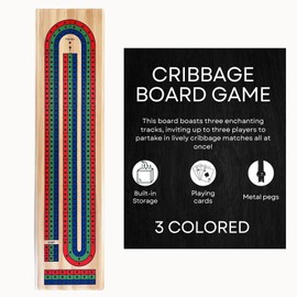 Tradeopia 3 Track Wooden Cribbage Board Game with Built-in Storage, 9 Metal Pegs, and 1 Deck of Playing Card, Wooden Cribbage Game Set, 3 Track Cribbage, Travel Cribbage Board