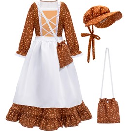 Meland Pioneer Dress for Girls - Colonial Floral Costume with Bonnet, Apron & Purse, Pionner Outfit for Girls 3-12 Years
