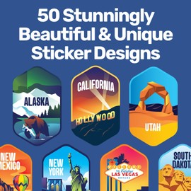 Let's Wander USA 50 States Stickers - Weatherproof and Waterproof UV-Printed Laminate Stickers - Bucket List Decals for Tumblers, Laptops, Phone Cases, Etc. (Set of 50-1X1 Inch)