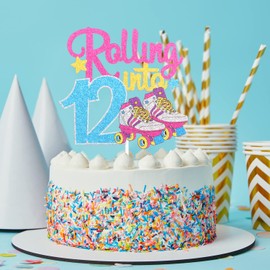Rolling Into 12 Roller Skating Happy Birthday Cake Topper - 90's Throwback Girl's 12th Birthday Party Cake Topper Supplies - Roller Skating Party Supplies For Girls