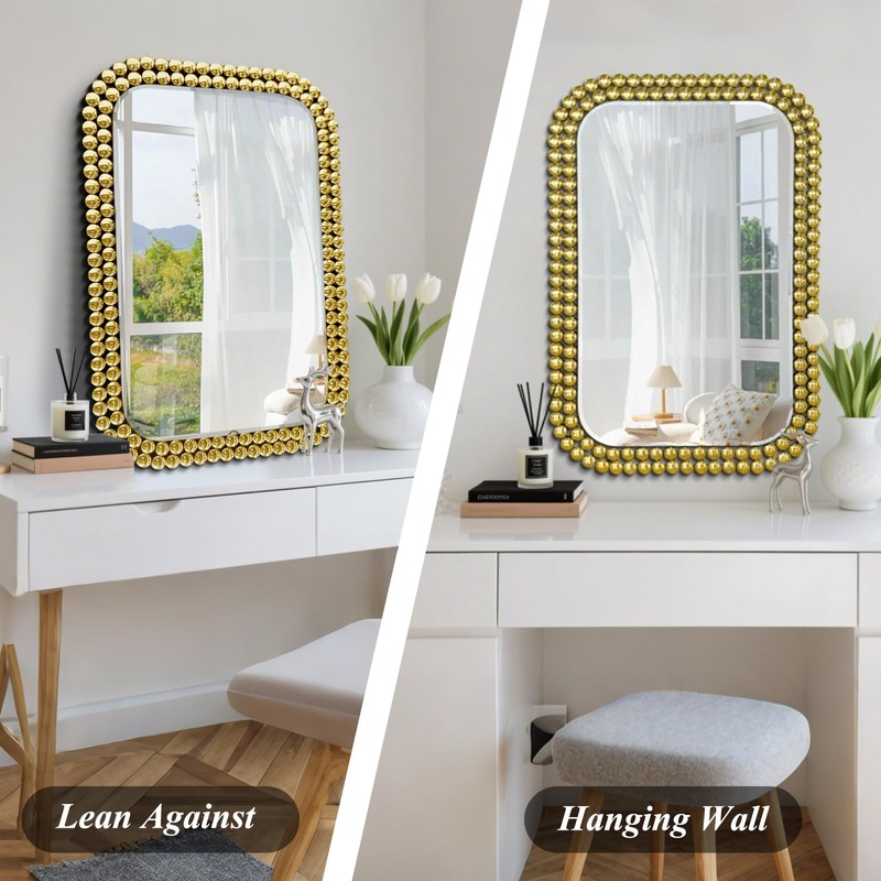 Wall Mount Bathroom Mirror Beaded Framed Baroque Decorative Vanity Mirror