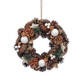 Festive Productions 30cm Christmas Pinecone Wreath with White Glitter Balls – Rustic Christmas Decoration - Christmas Decoration, Perfect for Front Doors and Home - Decorative Wreath