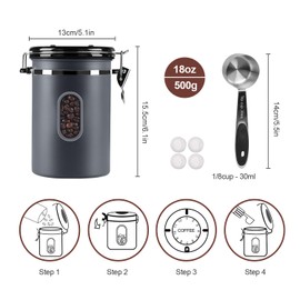 ROCKY&CHAO Coffee Canister Airtight Stainless Steel 1.5 L Coffee Beans Container 500 g Storage Container for Tea Nuts Cocoa Longer and Stay Fresh (Grey)