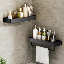 ILIKEPOW 2 Pack Shower Organisers Bathroom Shelves Basket No-Drilling Wall Mounted Shower Caddy Black, 30cm