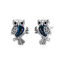 Owl Earring Stud with CZ Blue Crystal 925 Sterling Silver Animal Jewellery Anniversary Birthday Gift for Women Teen